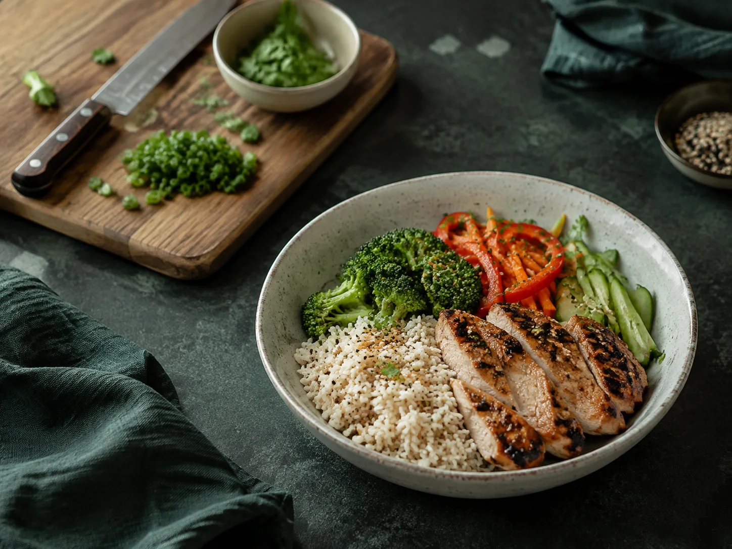 Illustrative homemade rice bowl with chicken and vegetables