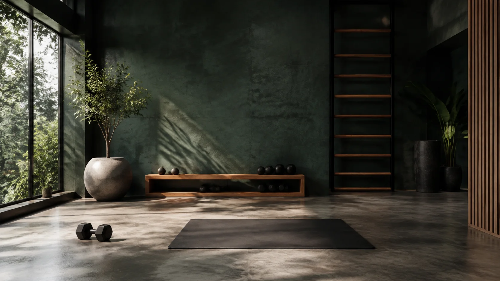Illustrative training studio with a mat and dumbbell in natural daylight